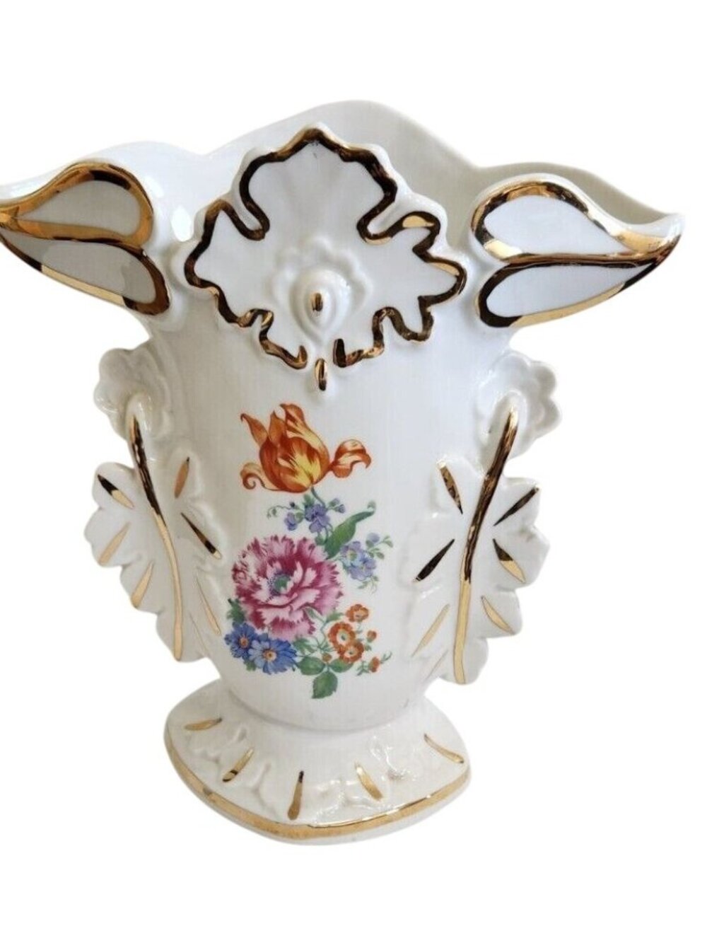 VINTAGE MADE IN BELGIUM VASE FLORAL DESIGN W/ GOLD 9 " tall